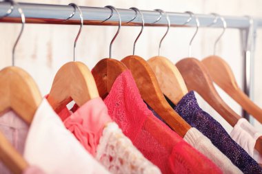 pembe kadın giyim moda rafa askı üzerinde depolamak. dolap