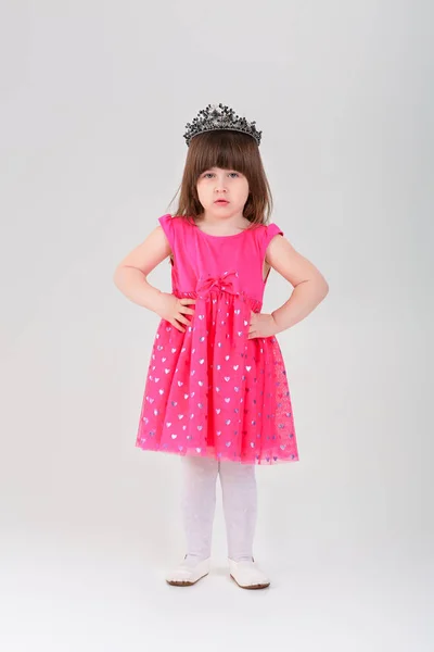 灰色の王冠とピンクの姫の美しい小さな女の子ドレスします。 — ストック写真