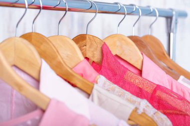 pembe kadın giyim moda rafa askı üzerinde depolamak. dolap