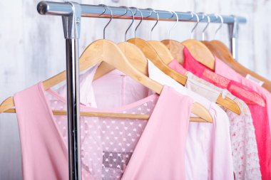 pembe kadın giyim moda rafa askı üzerinde depolamak. dolap