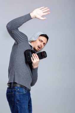 korkmuş fotoğrafçı dijital SLR dijital fotoğraf makinesi fotoğrafçı ile kapatır
