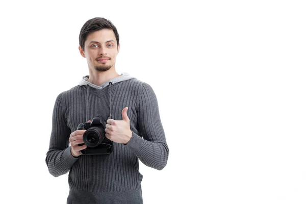 Fotografo professionista di successo utilizzare fotocamera digitale DSLR e — Foto Stock