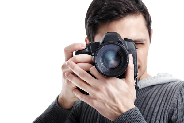 Framgångsrik professionell fotograf använder Dslr digital kamera iso — Stockfoto