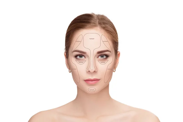 Contacto. Maquiagem rosto de mulher no fundo branco. Profissão — Fotografia de Stock