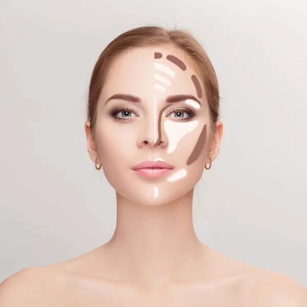 Kontur. Make up wanita wajah di latar belakang abu-abu. Profesional — Stok Foto