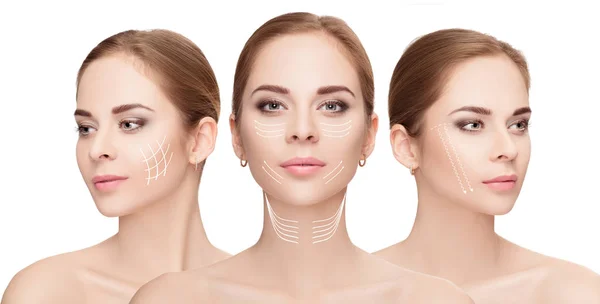 Woman faces with arrows over white background. Face lifting con — Stock Photo, Image