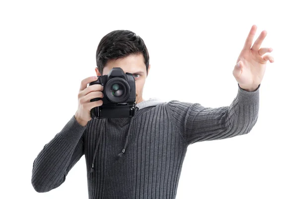 Framgångsrik professionell fotograf använder Dslr digital kamera iso — Stockfoto