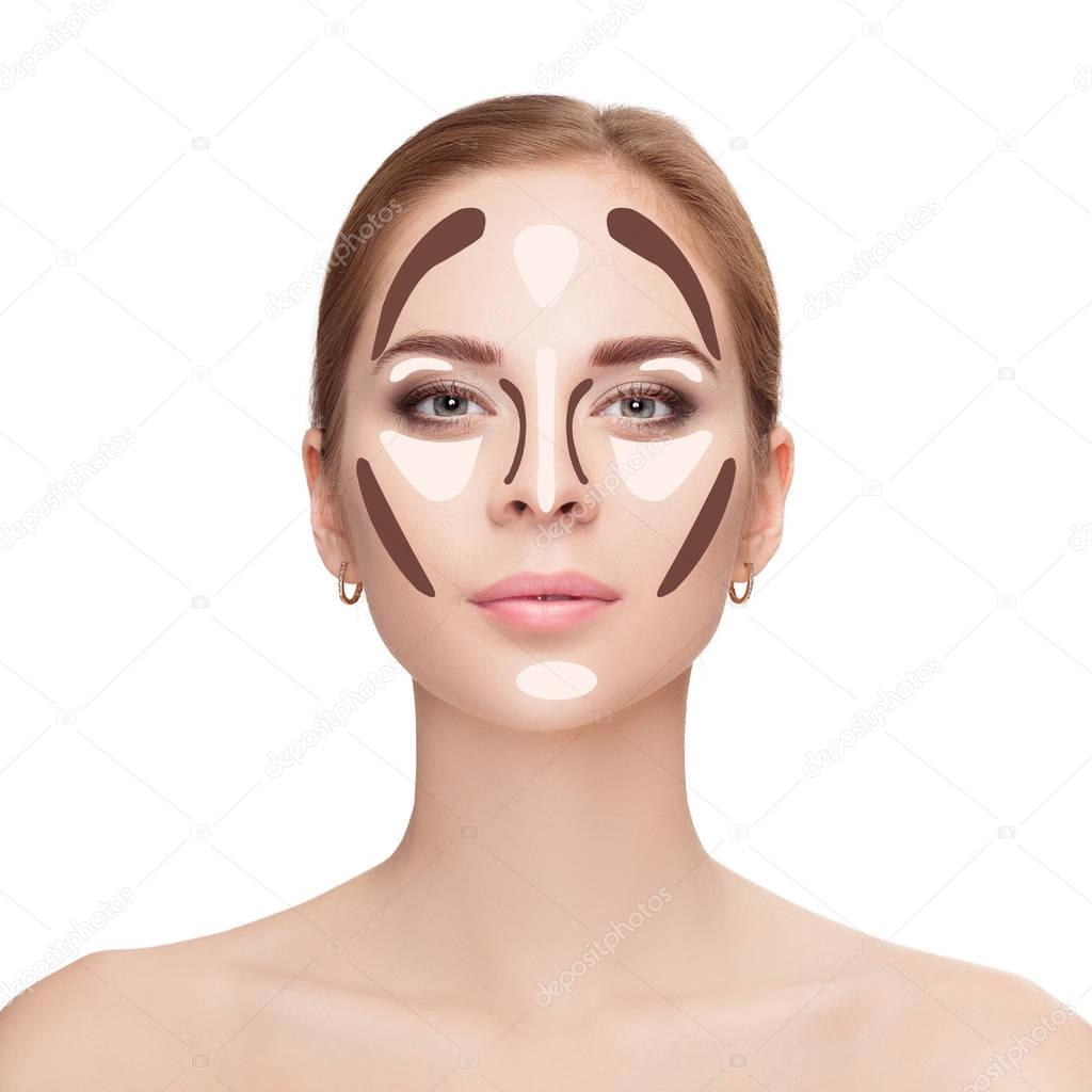 Contouring. Make up woman face on white background.  Professiona