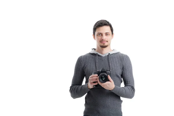 Успешный профессиональный фотограф использует цифровой фотоаппарат DSLR iso — стоковое фото