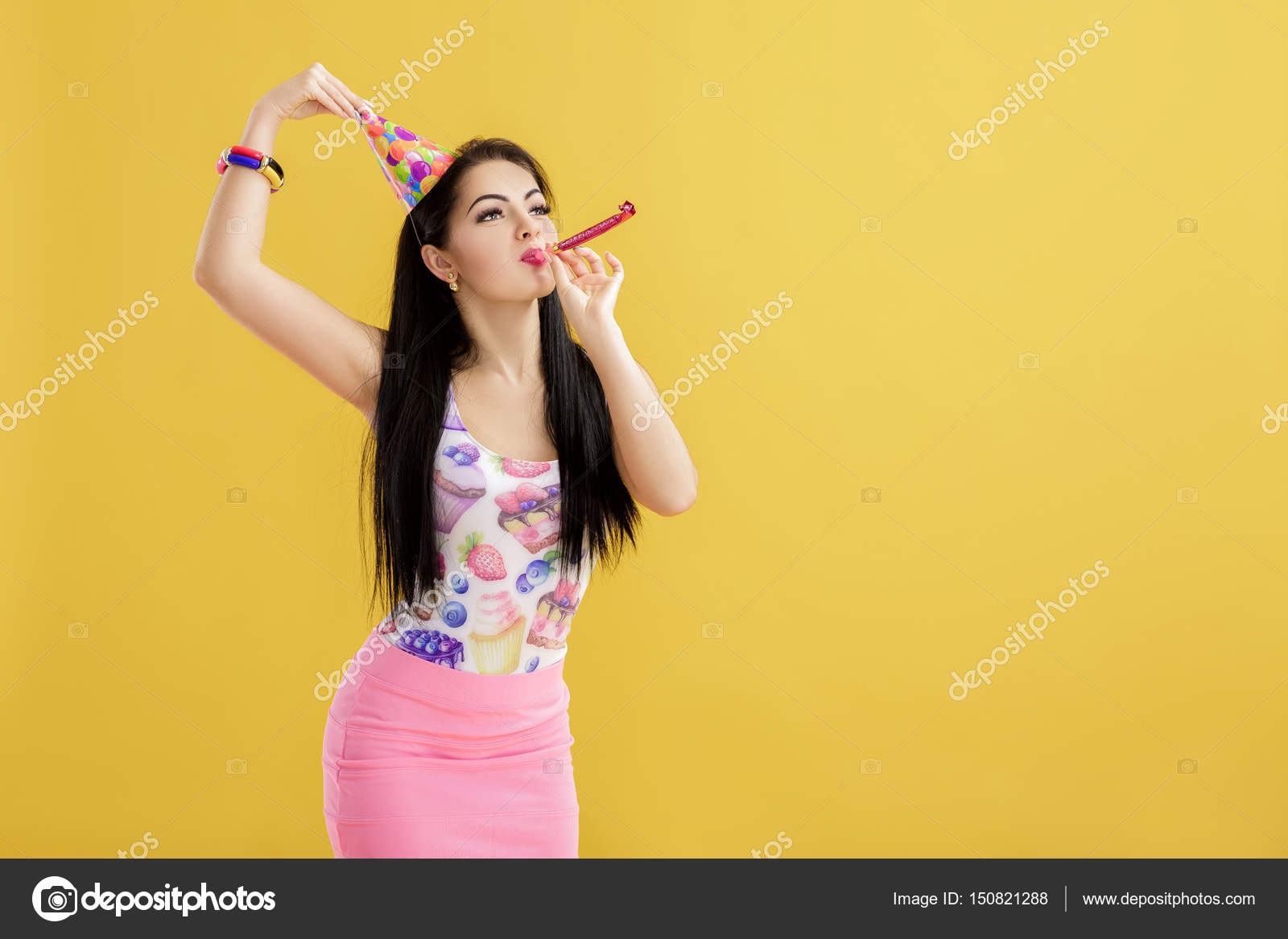 Pictures Funny Female Birthday Portrait Of Funny Woman In Birthday Hat And Pink Shirt On Yellow Background Celebration And Party Having Fun Stock Photo C Erstudio 150821288