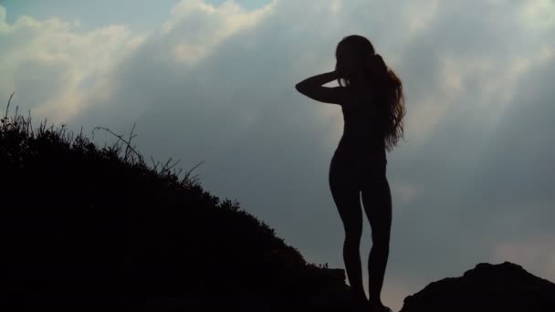 长长的头发在天空背景上的年轻女子的剪影 — 图库视频影像