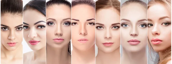 set of portraits of beautiful female face with natural makeup.