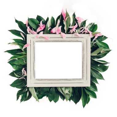 Pastel ahşap çerçeve yeşil yaprakları, metin için yer ile dekore edilmiştir. yukarı alay