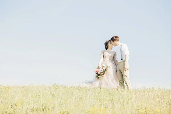 Pareja de boda en la naturaleza. novia y novio abrazándose en la boda . —  Fotos de Stock
