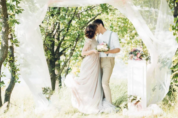 Düğün çift doğa üzerinde. Gelin ve damadın düğünde pasta ile. — Stok fotoğraf