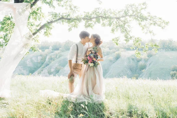 Casal de casamento na natureza. noiva e noivo abraçando no casamento . — Fotografia de Stock