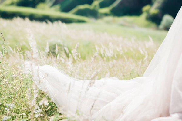 Train of Wedding Dress of bride in nature. fine art photography.