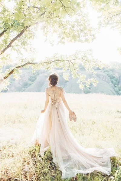Bellas artes fotografía de boda. Hermosa novia con zapatos y vestido con tren contra la naturaleza sunin — Foto de Stock