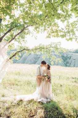 Düğün çift doğa üzerinde. Gelin ve damadın düğünde sarılma.