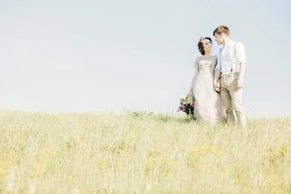 Düğün çift doğa üzerinde. Gelin ve damadın düğünde sarılma. — Stok fotoğraf