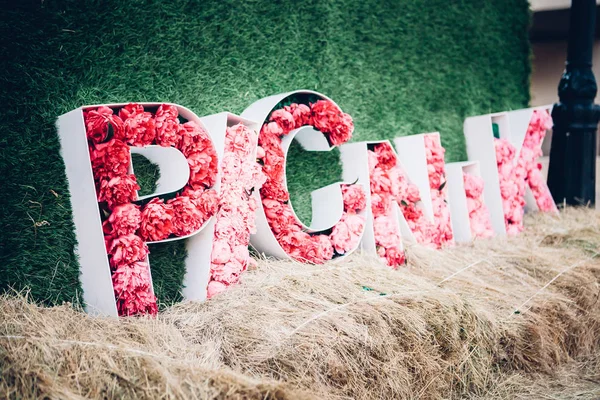 Palavra de piquenique de flores de peônia rosa — Fotografia de Stock