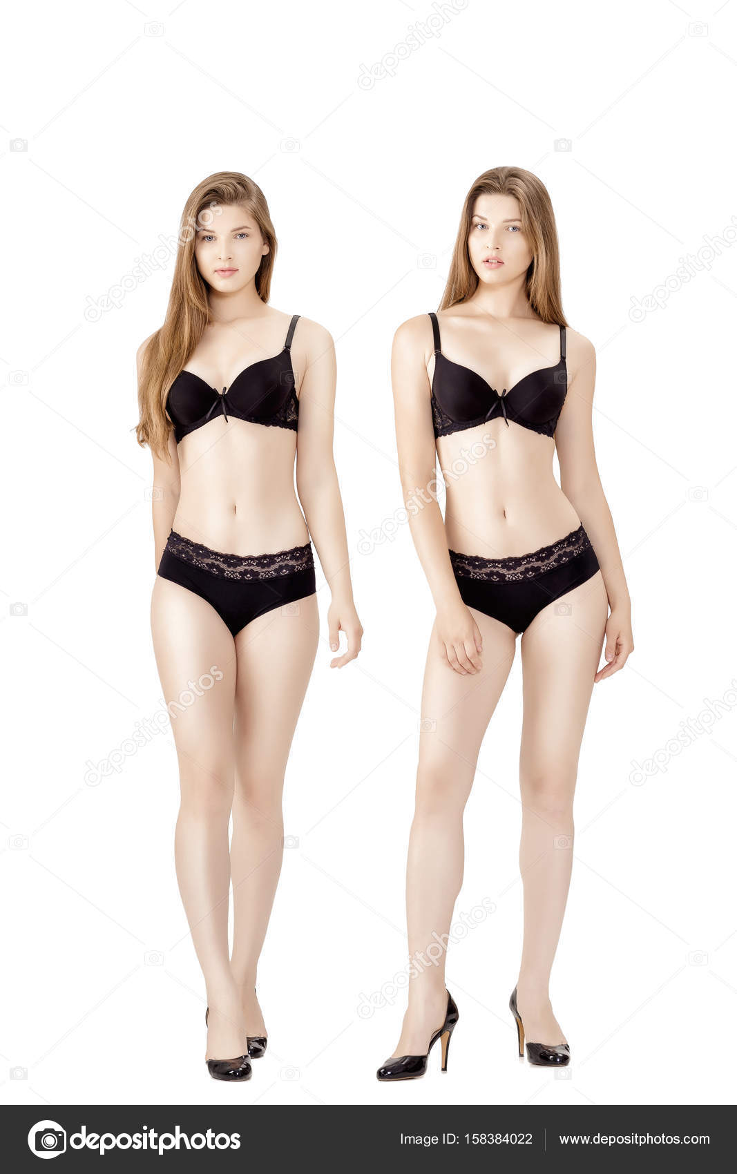 Collage of young slender woman in black lingerie isolated on white
