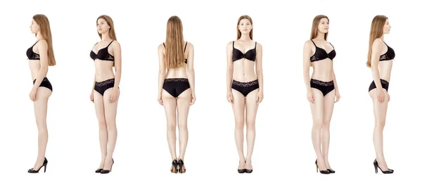 Collage av ung smal kvinna i svart underkläder isolerad på vit bakgrund. Modellen ögonblicksbilder — Stockfoto