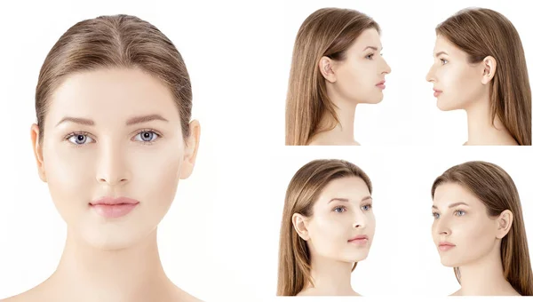 Uppsättning av profil- och fram porträtt av ung kvinna isolerad på vit bakgrund. kosmetologi — Stockfoto