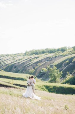 Düğün çift doğa üzerinde. Gelin ve damadın düğünde sarılma.