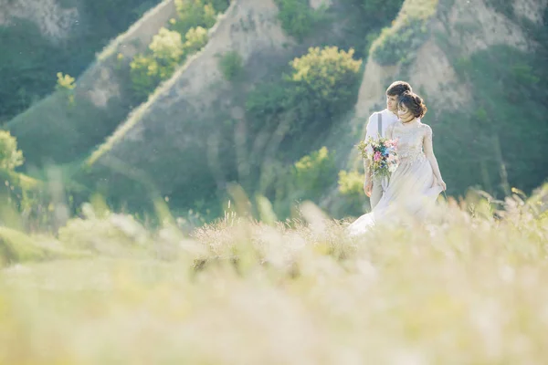 Bröllopsparet på naturen. bruden och brudgummen kramas på bröllop. — Stockfoto