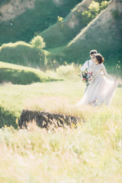 Casal de casamento na natureza. noiva e noivo abraçando no casamento . — Fotografia de Stock