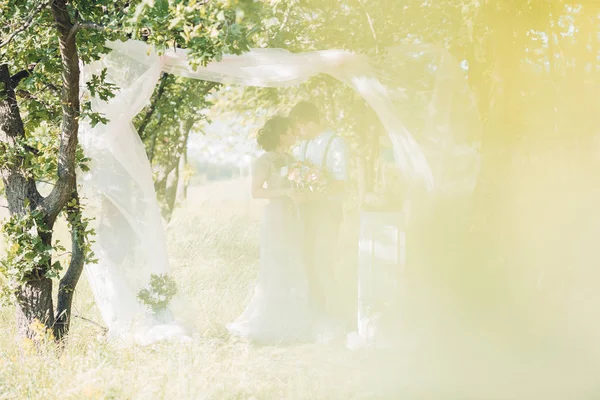 Düğün çift doğa üzerinde. Gelin ve damadın düğünde sarılma.