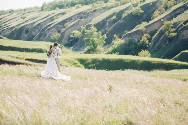 Casal de casamento na natureza. noiva e noivo abraçando no casamento . — Fotografia de Stock