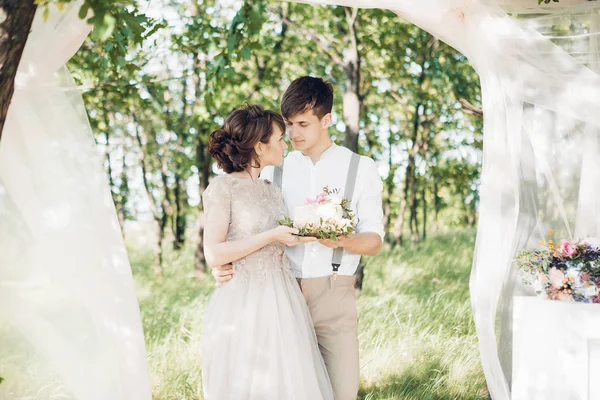 Hochzeitspaar in der Natur. Braut und Bräutigam mit Kuchen bei der Hochzeit. — Stockfoto