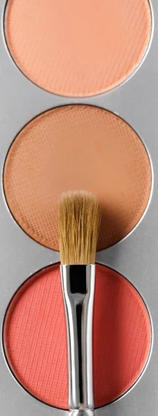 Palett av brown och terrakotta ögonskugga och makeup borste, ovanifrån — Stockfoto