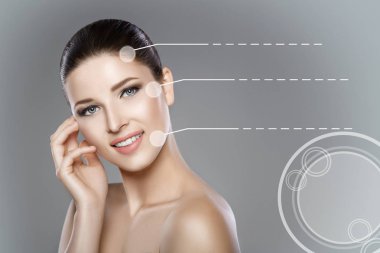 temiz cilt ve mavi gözlü kadın yüzü. Güzel gülümseme ve beyaz dişler