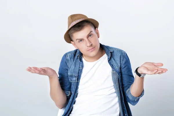 Handsome man in denim with hat — Stock Photo, Image