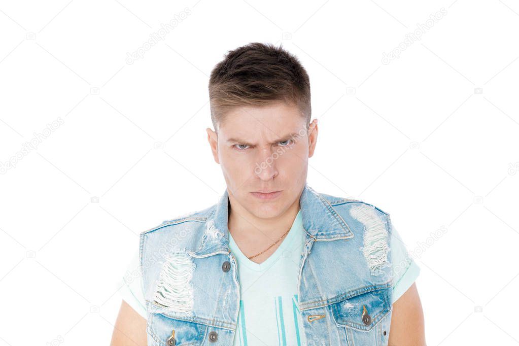 young man in denim isolated white background