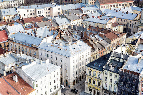 View from above on the roofs of the houses of the city of Lviv. historical Center