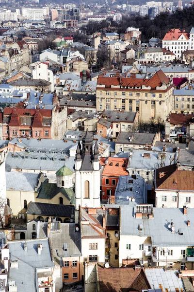 view from above on  roofs of  houses of  city of Lviv.