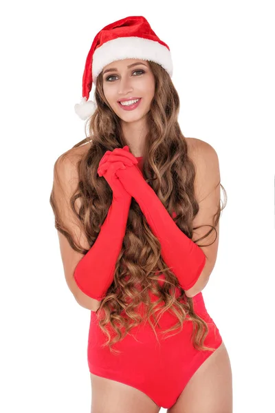 Santa menina em terno corpo vermelho — Fotografia de Stock