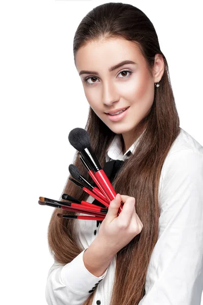 Make-up artist tenendo pennello trucco — Foto Stock