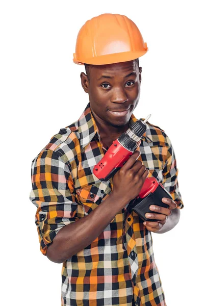 African American worker uses electric screwdriver — Stock Photo, Image