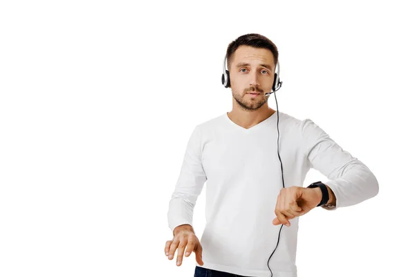 Call center trabajador hombre sobre fondo blanco . — Foto de Stock