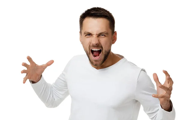 Hombre en camisa blanca casual gritando — Foto de Stock