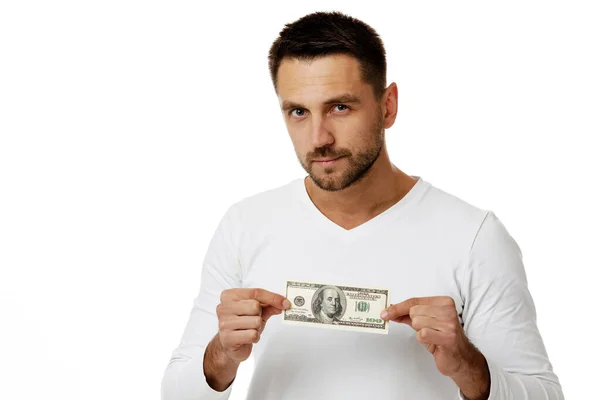 Człowiek posiadający banknoty pieniądze — Zdjęcie stockowe