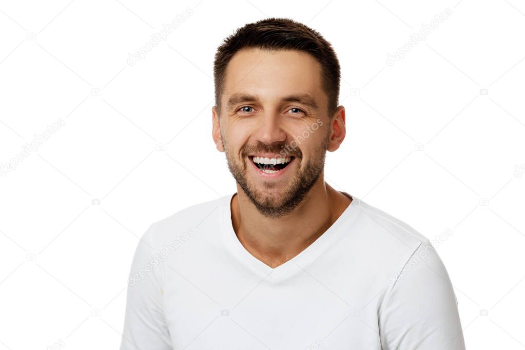 smiling handsome bearded man on white background
