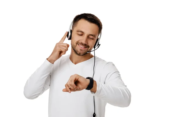 Call center arbetare man på vit bakgrund. — Stockfoto