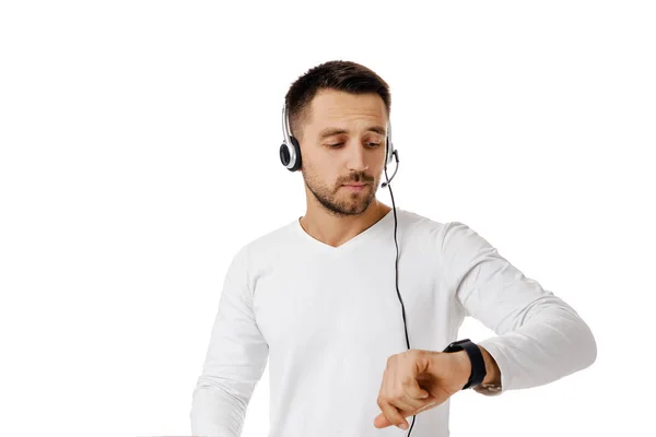 Call center trabajador hombre sobre fondo blanco . — Foto de Stock