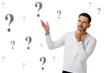 bearded man in casual white shirt asking questions clipart